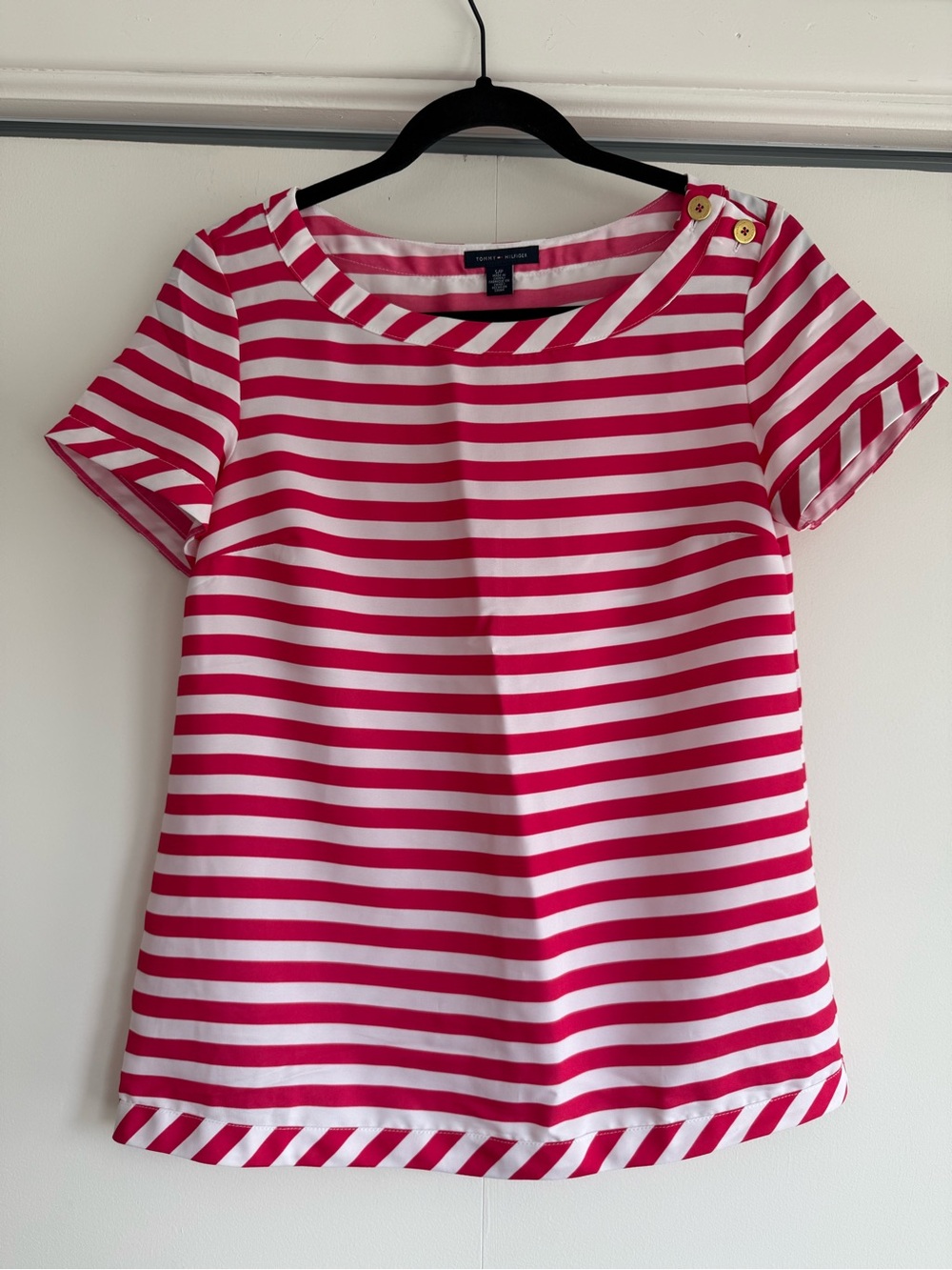 Tommy Hilfiger Pink & White Striped Boat Neck Top, Gold Buttons, Sz S